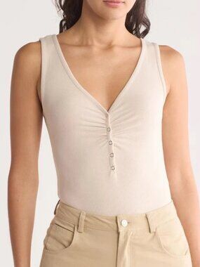 Elodie Beige Light Tan Soft Ribbed Snap Ruched Tank Top Bodysuit V-neckline L